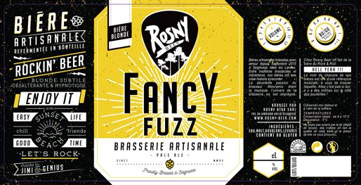 Le nom de la bière blonde Rosny Beer. Certains indices présents sur nos bouteilles vous aideront à trouver l’origine du nom de chacune de nos bières.  Pour la Fancy Fuzz, vous n’aurez pas à aller chercher trop loin ! Pensez à l’une des idoles du Rock’n Roll, fameux gaucher qui tortura sa guitare jusqu'à en extraire des sons jusqu’alors jamais entendus. Le nom Fuzz vient justement d’un des objets qu’il utilisait pour parfaire ses riffs novateurs.